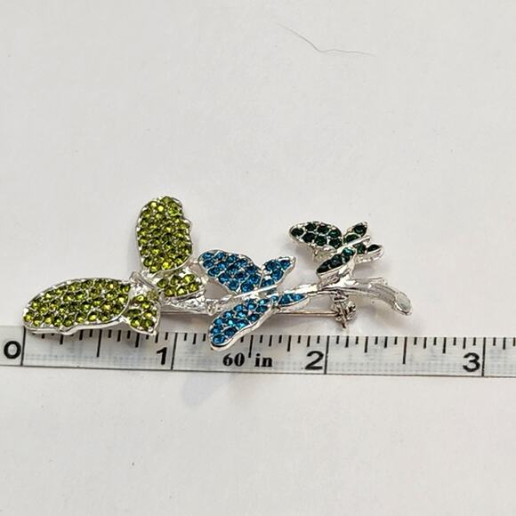Butterfly Silver Tone Brooch Pin Green Blue Rhinestone Insect Fashion Jewelry - Picture 4 of 4
